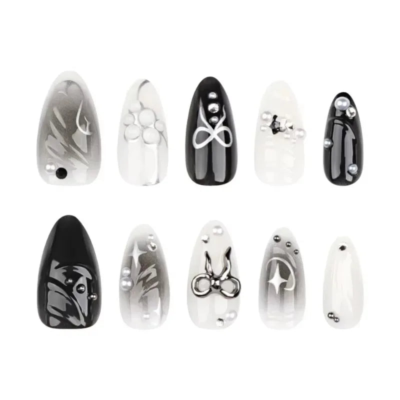 24Pcs False Nails Spicy Girl Silver Bow with Diamond Fake Nails with Glue Almond Press on Nails Black Cool Y2k Almond Nail Set