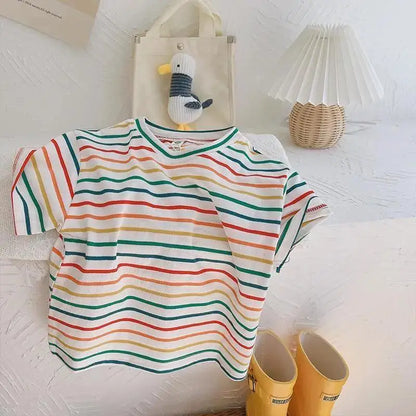 Baby Girls T-shirt Summer New Thin Colorful Stripe Kids Babys Girls Tops Casual Versatile Short Sleeves Children Boys Shirts