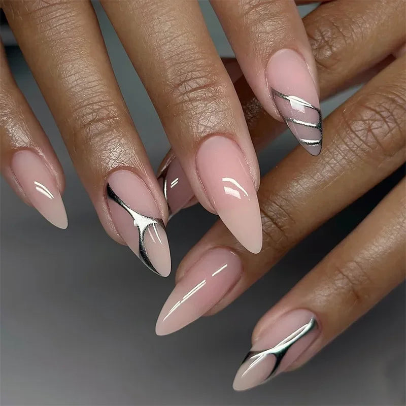 24PCS Press on Nails Bare Pink Metal Line Wearing Armor Medium Long Almond Shaped Women's Wearable Fake Nail Plate