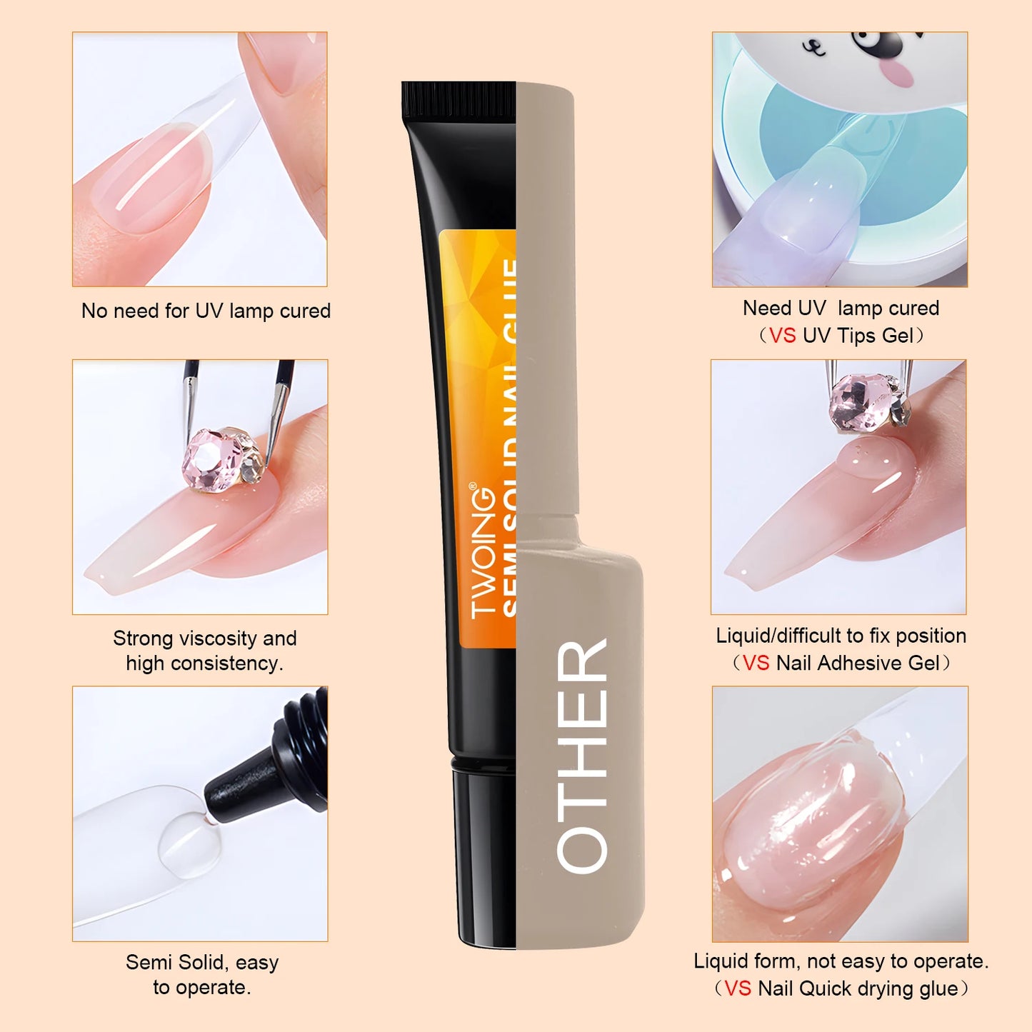 Quick-Dry Nail Glue，Semi solid Super Strong Adhesive For Press-On Nails，Rhinestones，Acrylic Nails，Fake Nail，No need UV/LED Cured