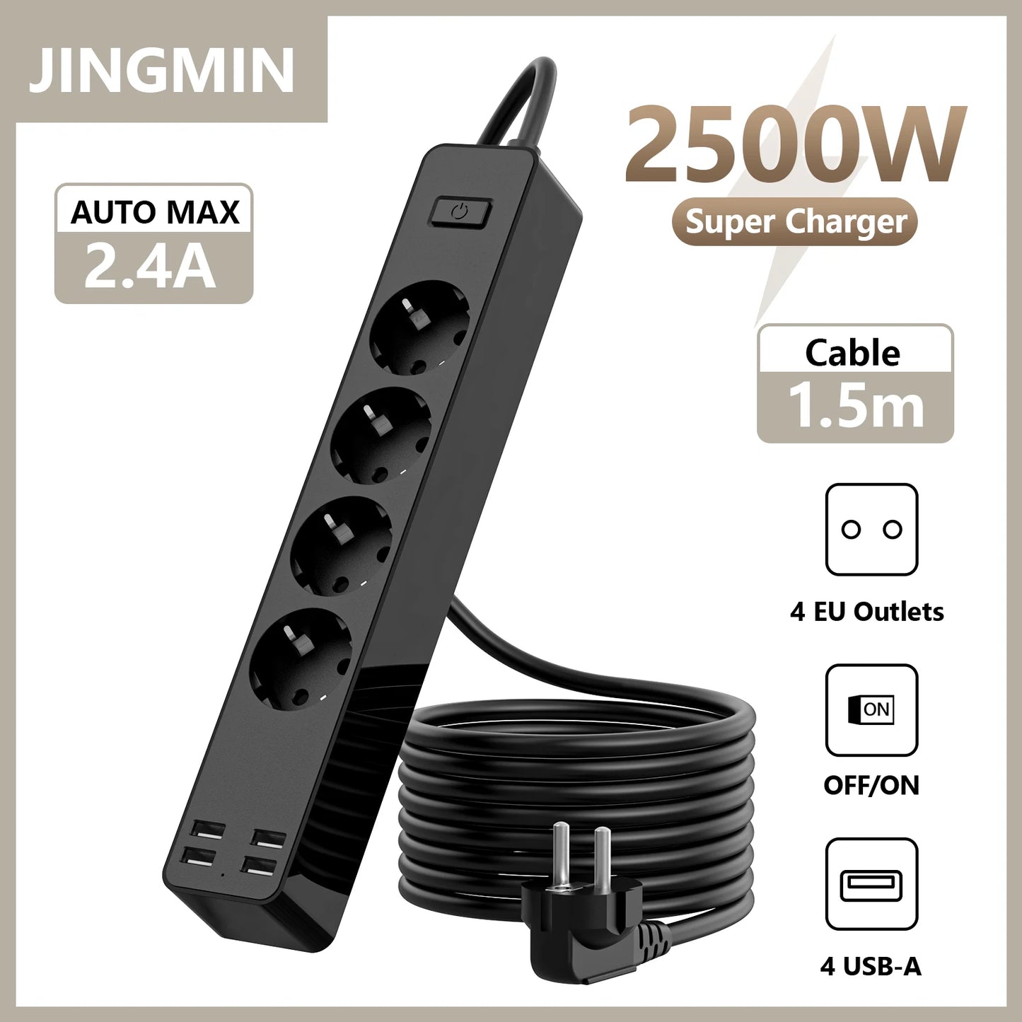 EU Electrical Socket With Safety Switch Power Strip 1.5M Extension Cable Overload Protection USB A Port Charging  On Home  2500W