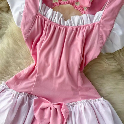 Pink Sweet Women LolitaMini Dress Y2k Servant Low Cut Lace Patchwork Mini Dress Birthday Cocktail Role Play Maid Short Dresses