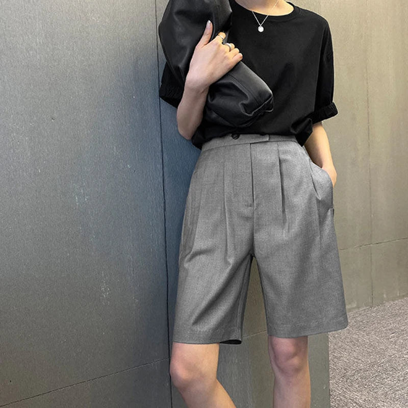 Korean Office Suits Shorts for Women Fashion Double-buttons High Waist Knee-length Pants Woman 2023 Summer Casual Short