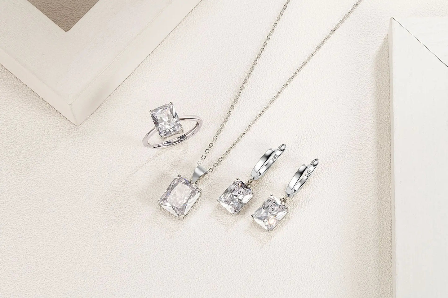 925 Sterling Silver  Elegant Jewelry Sets Ring Earrings Necklace For Women Rectangle Geometry Zircon Wedding Accessories