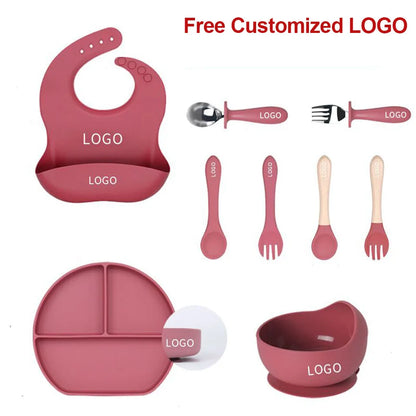 Silicone Baby Feeding Set Soft Silicone Sucker Plate Bowl Elephant Plate Personalized Name Feeding Bib Apron Children's Dishes