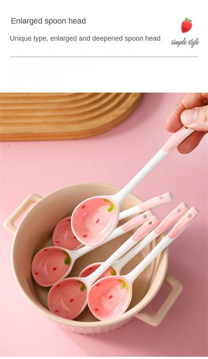 Strawberry Long Handled Ceramic Spoon Cute Household Stirring Spoon High Appearance Spoon Children's Soup Spoon