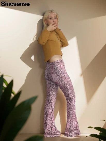 Womens Serpentine Print Flare Pants Stretch Boho Bell Bottoms High Waist Wide Leg Long Palazzo Pants Y2K Streetwear Trousers