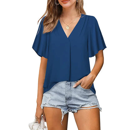 Office Lady Blouse Summer Women V-Neck Loose Short Sleeved T-Shirt  Daily Casual Tops Work Clothes