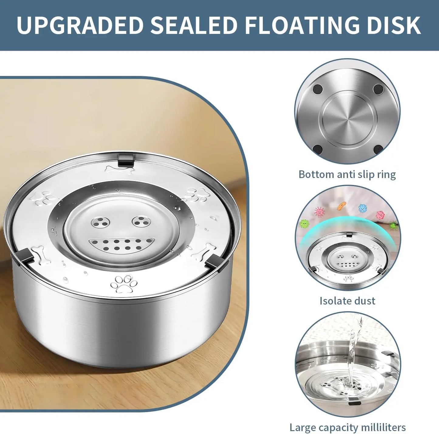 Dog Water Bowl Non-Spill Stainless Steel Pet Bowl for Dogs Slow Drinking Splash Proof Water Dispenser Floating Bowl for Vehicle