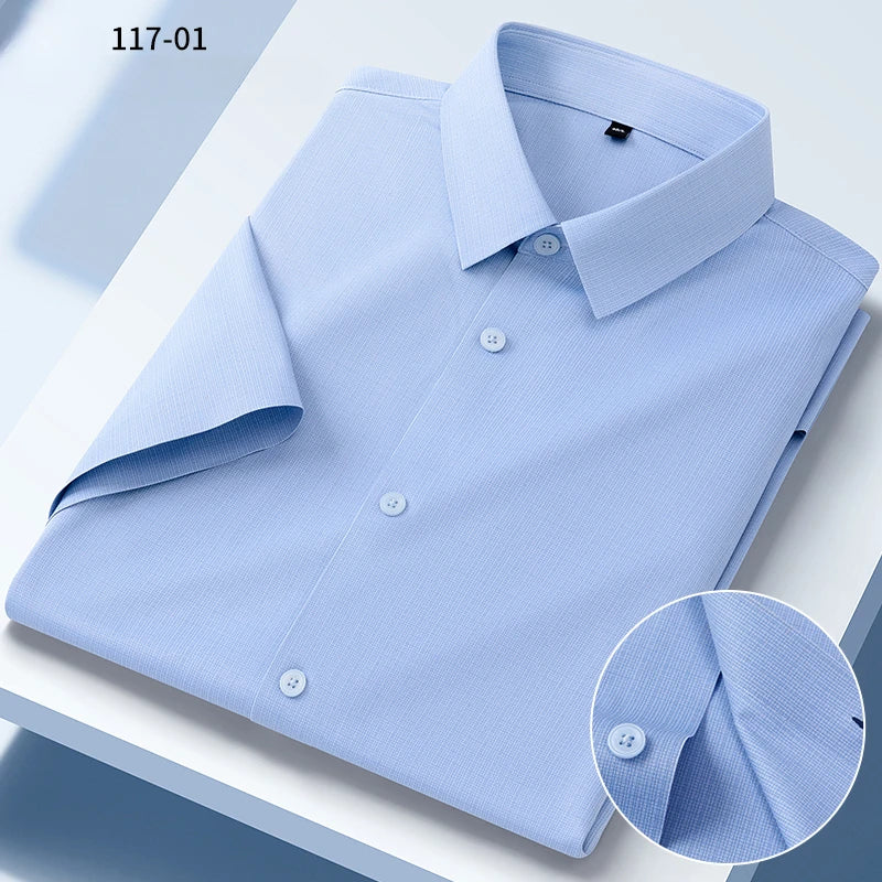 New in shirt summer short sleeve shirts for men slim fit formal plain shirt soft office striped top wrinkle free elastic clothes