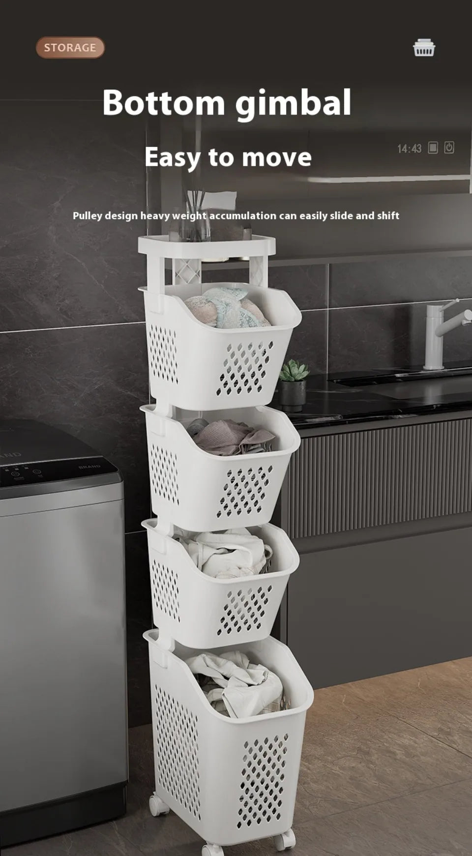 Multilayer Laundry Storage Basket Wheels Pp Plastic Laundry Baskets With Wheel Household Sundries Bathroom Toilet Storage Rack