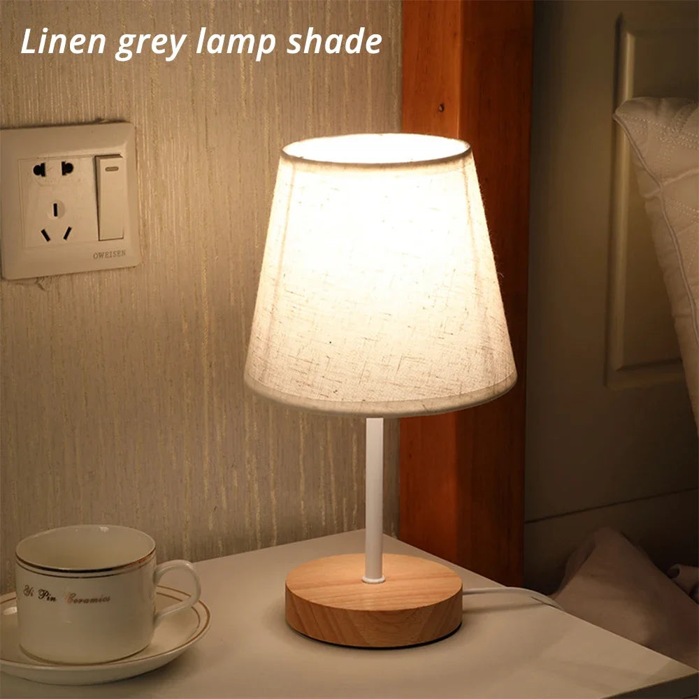 Solid Wood Cloth Nordic Decorative Table Bedroom Bedside Lamp Simple Creative Remote Control Small Night Light Energy Saving Led