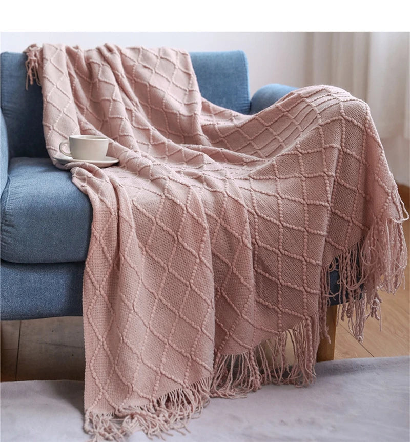 White Oversized Throw Blankets with Tassels 150x230cm Textured Knitted Boho Woven Big Blankets Bedspread Cover Manta Para Sofá