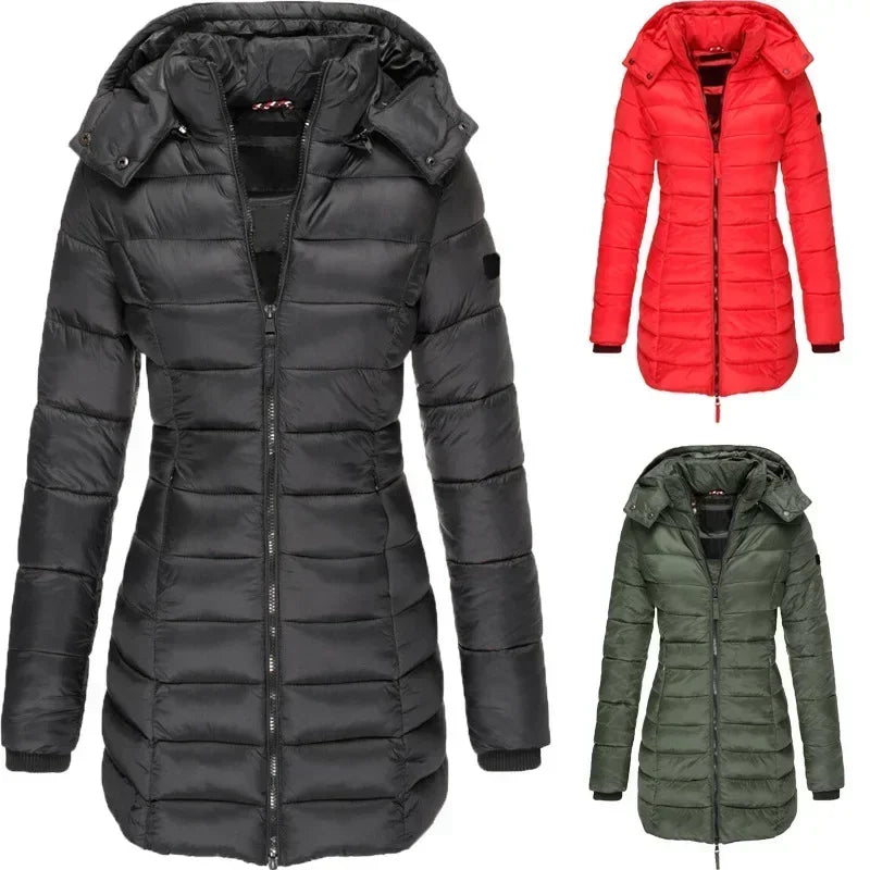 Winter Women's Cotton Jacket Medium Length Slim Fitting Cotton Jacket Warm Solid Hooded Cotton Jacket