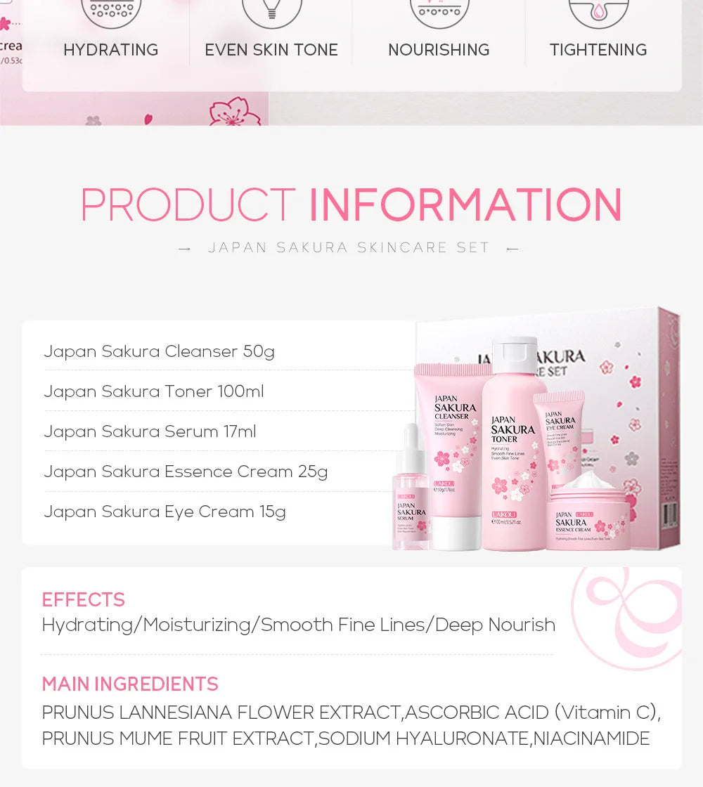 LAIKOU Sakura Skin Care Sets Facial Cleanser Eye Creams Face Cream Serum Lotion Toner Brightening Moisturizing Face Care Kit