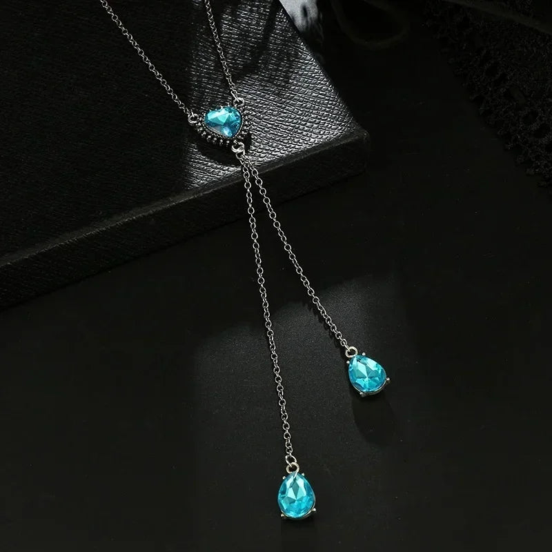 Delysia King Temperament Geometric Blue Crystal Sweater Chain Women Trendy Heart Long Necklace