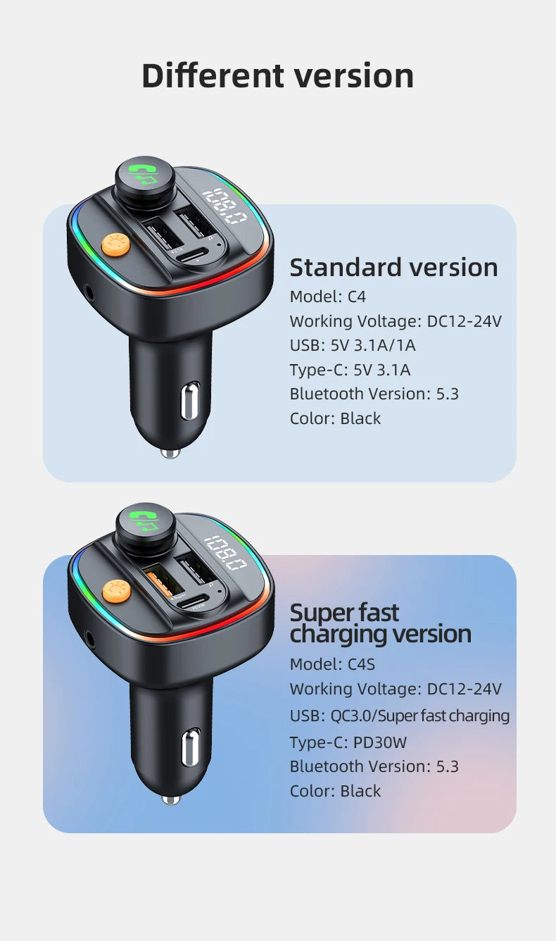 Bluetooth 5.3 FM Transmitter Handsfree Car AUX Radio Modulator MP3 Player with 22.5W & PD30W Fast Charge Adapter Car Accessories
