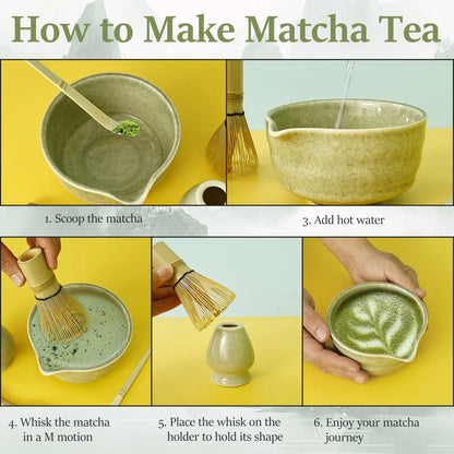 5 Pcs Matcha Set Includes Matcha Bowl with Spout Matcha Whisk Holder Bamboo Matcha Whisk Spoon and Tea Scoop Complete Japanese