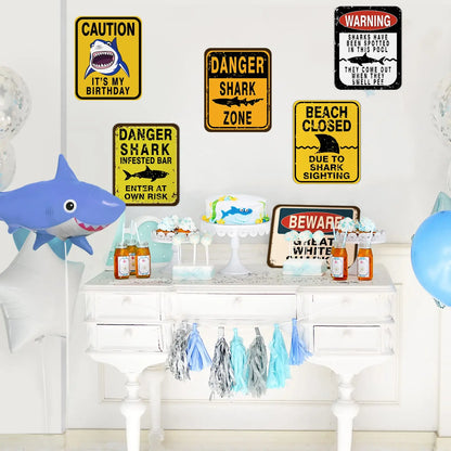 6 PCS Shark Zone Party Decorations Funny Party Wall Decorations Signs for Boys Birthday Party Ocean Shark Theme Party Supplies