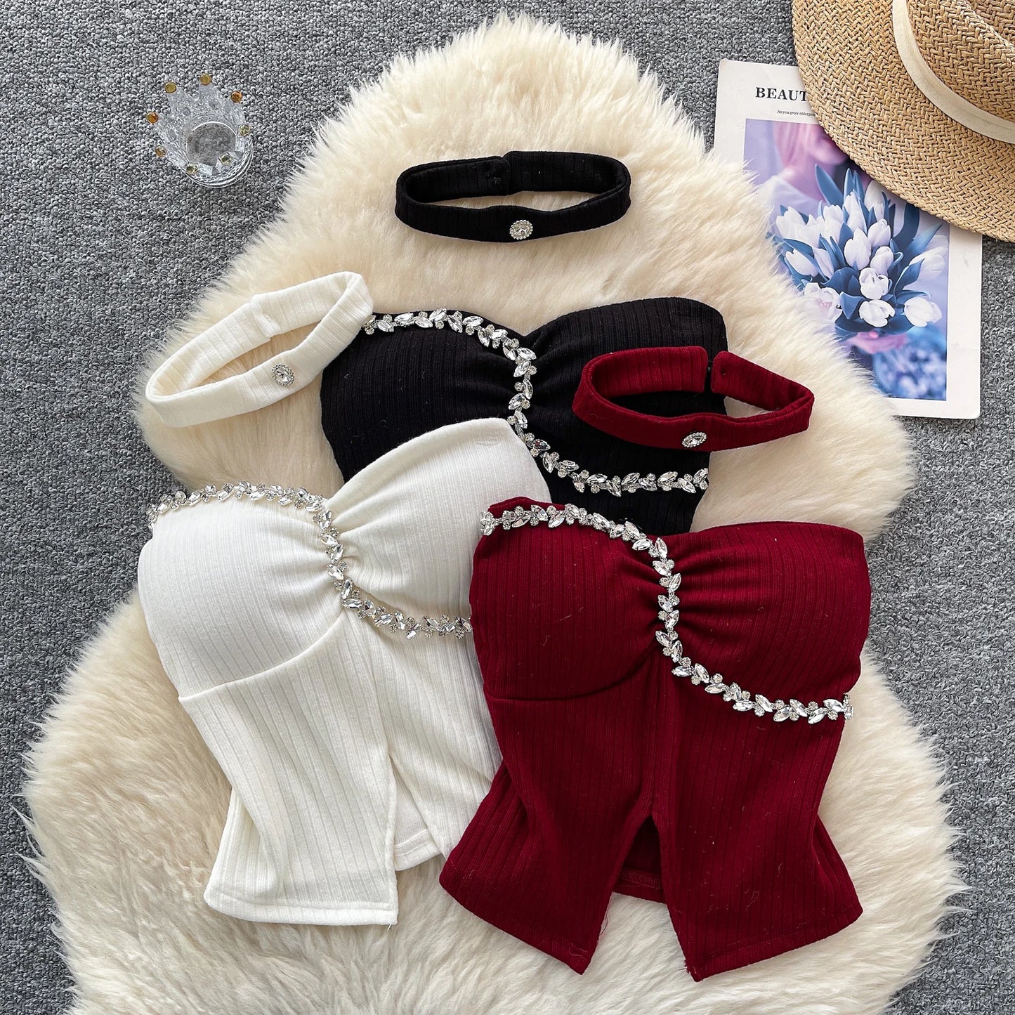 SINGREINY Strapless Sexy Ladies Top Summer Halter Beading Design Split Camisole Korean Skinny Streetwear Hotsweet Tank Top