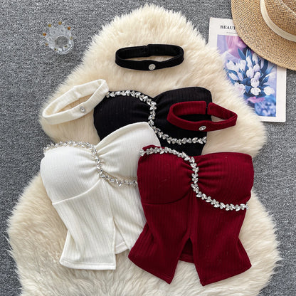 SINGREINY Strapless Sexy Ladies Top Summer Halter Beading Design Split Camisole Korean Skinny Streetwear Hotsweet Tank Top