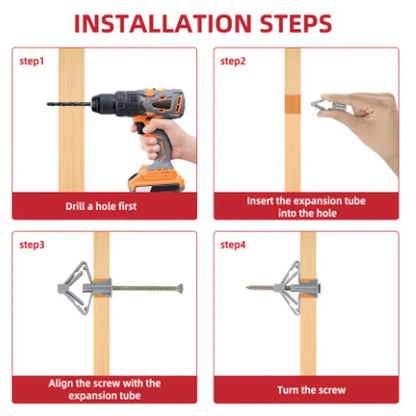 100pcs Drywall Anchor Kit Hollow Wall Anchors Plasterboard Plugs Screws Butterfly Expansion Tube Pipe 50 Set