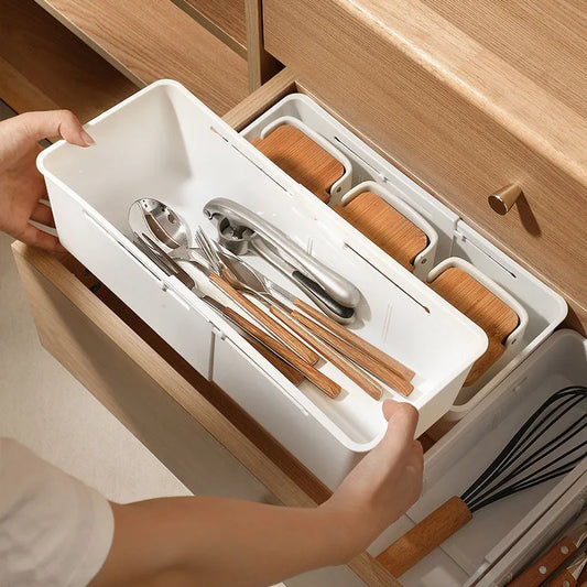 Expandable Drawer Organizer with Adjustable Dividers for Kitchen Utensils, Makeup, Stationery, and Medicine