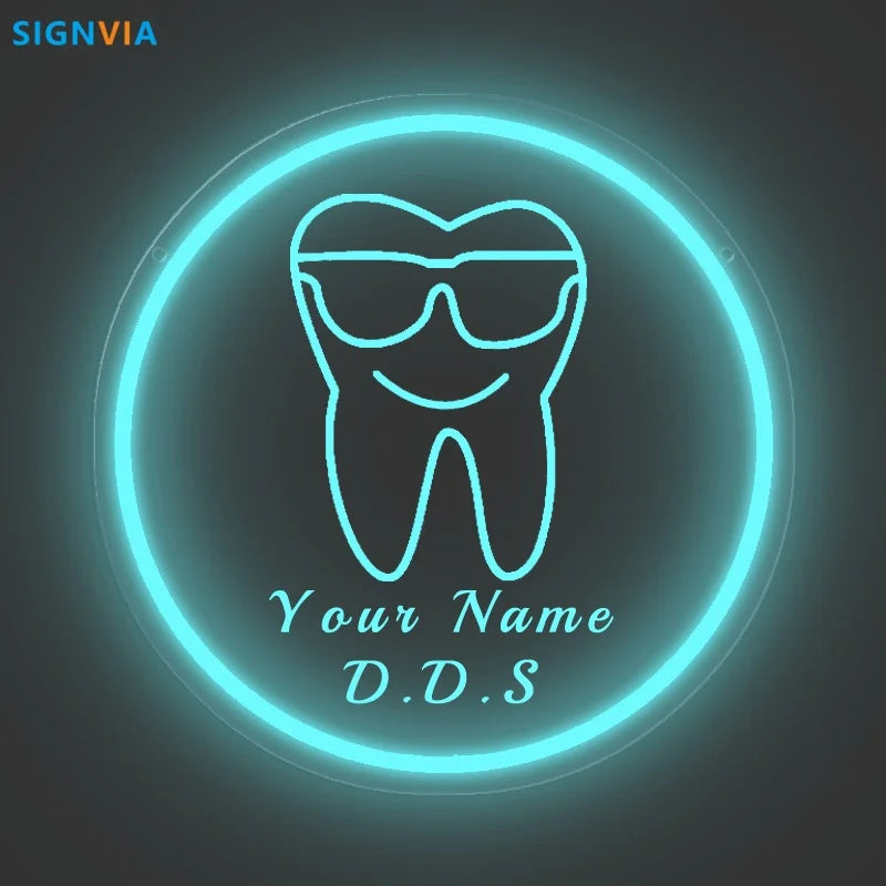 Custom Neon LED Tooth Sign with Glasses USB-Powered Wall Decor for Dental Parties Personalized Name White Light Circular Decor