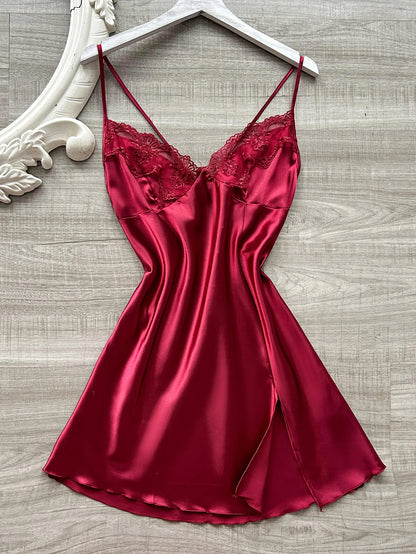 The latest women's satin nightdress V-neck with lace slit design comfortable sexy ladies pajamas