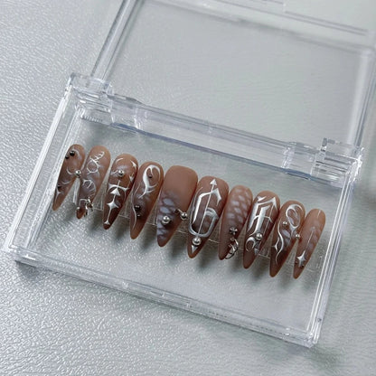 10PCS Handmade Manicure Press-On Nails French Style Medium Almond Shape with Blue Bow Design Includes Adhesive And Nail File Set