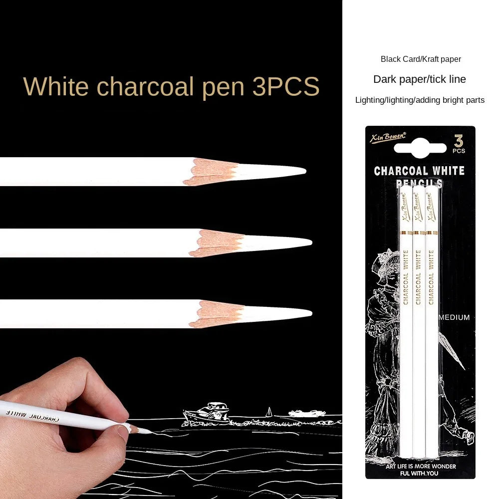 3Pcs Art Supplies Charcoal Pencils Set Drawing Pencil Soft/Medium/Hard Black White Charcoal Pencil