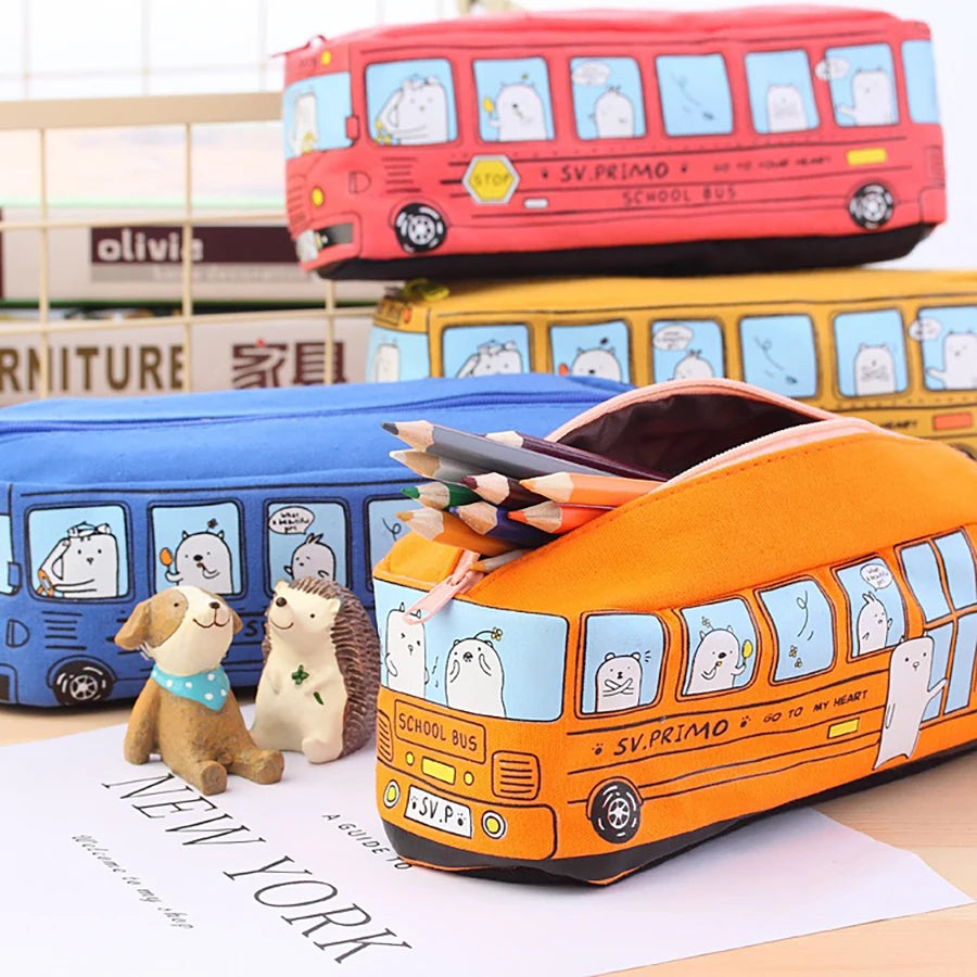 1PCS Creative Large Capacity Student Bus Cartoon Car Pencil Bag Office Culture and Educational Supplies