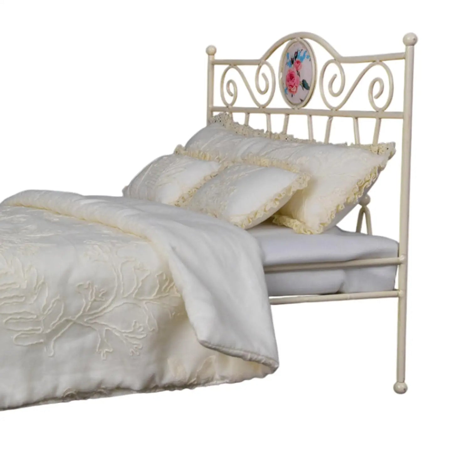 1/6 Dollhouse Iron Bed Simulation Twin Bed with Mattress Miniature Furniture Room for DIY Model Home Life Scene Layout Role Play