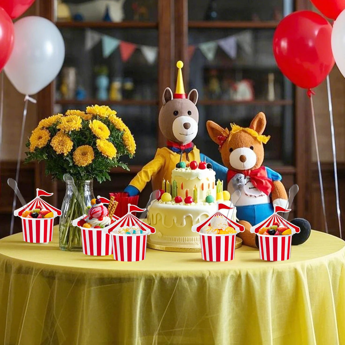24Pcs Ice Cream Cups with 100 Spoons Carnival Party Circus Tent Shaped 8 oz Paper Carnival Cup Red White Striped Snack Cup Party