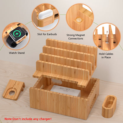 Bamboo Charging Station for Multiple Devices Desktop Docking Stations Holder for Cell Phone Tablet SmartWatch & Earbuds Stand