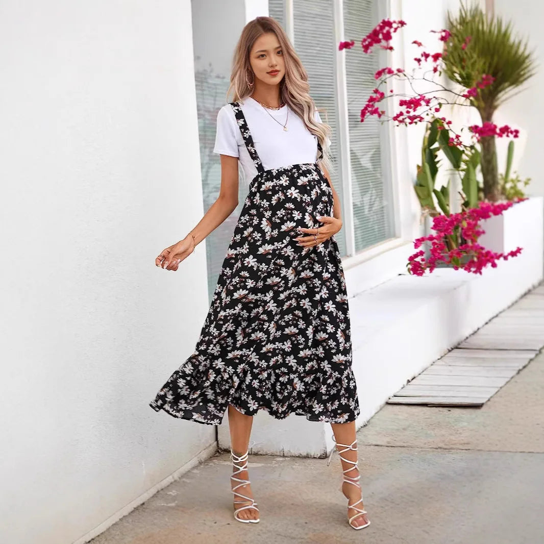 Maternity Dresses Halter Clothing Dress for Pregnant Women with A Printed Halter Dress Pregnancy Clothes Printed Skirt