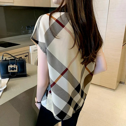Office Wear Short Sleeve Chiffon Casual Pretty and Cheap Women's Blouses Korean Plaid Youth Woman Buttoned Shirts Trends Top Hot