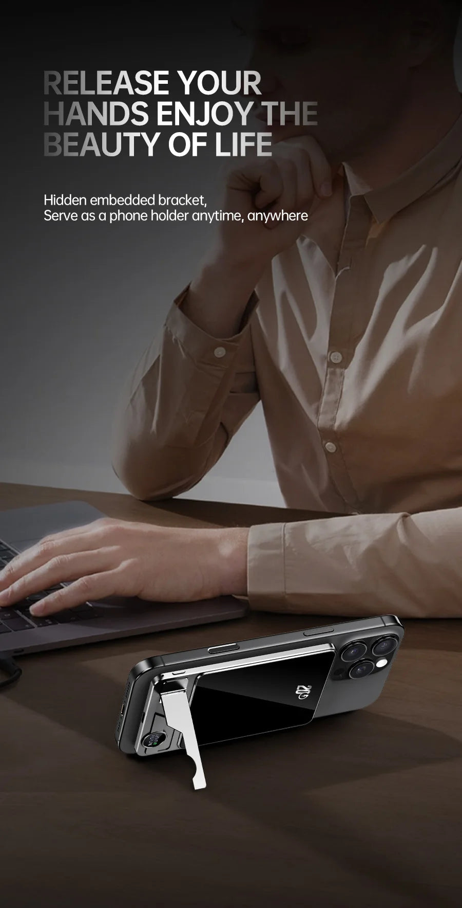 Portable Charger Powerbank With Cable PD20W Power Bank Wireless 15W With Phone Holder LED Display Mobile Phone Backup Battery