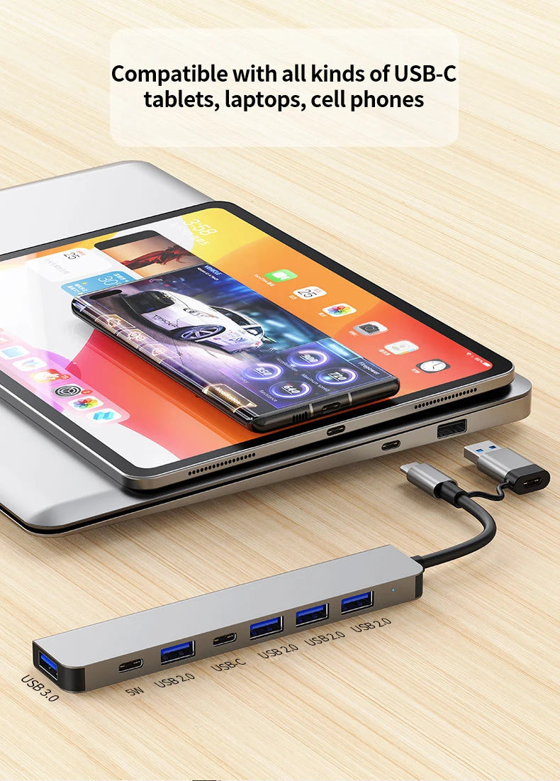 USB C Hub USB Hub 3.0, Aluminum 7 in 1 USB Extender, USB Splitter with USB 3.0, 4 X USB 2.0 and 2 USB C Ports USB Distributor