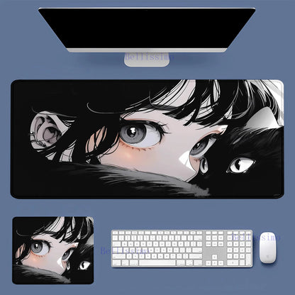 Black Cat and Girl Fast Keyboard pad lock-edge Extended teclado mousepad kawaii Purple Office desktop protection mouse pad XXL