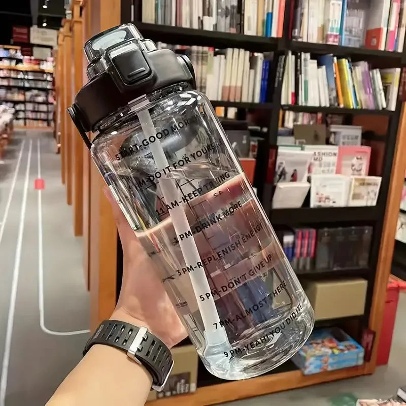 2L Large Capacity Sports Water Bottle With Straw Portable Leakproof Sports Fitness BottleS With Time Marker for Outdoor Gym
