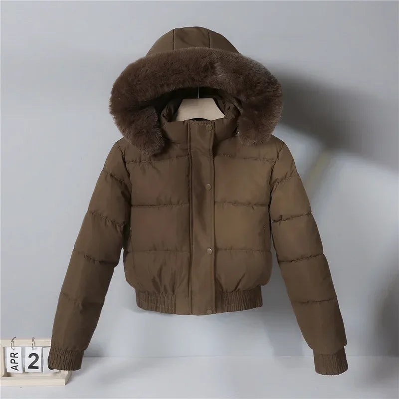 2024 Quilted Hooded Down Jacket Women's Winter Thick Cotton Coat Warm Bakery Coats Big Fur Collar Loose Cotton Coat