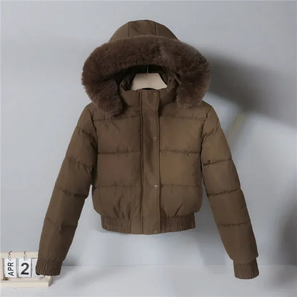 2024 Quilted Hooded Down Jacket Women's Winter Thick Cotton Coat Warm Bakery Coats Big Fur Collar Loose Cotton Coat