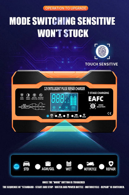 12V 24V 12A 10A Battery Charger Smart Fast Charging for Car Batteries 7-Stage Charge Pulse Repair for AGM GEL WET Lead Acid