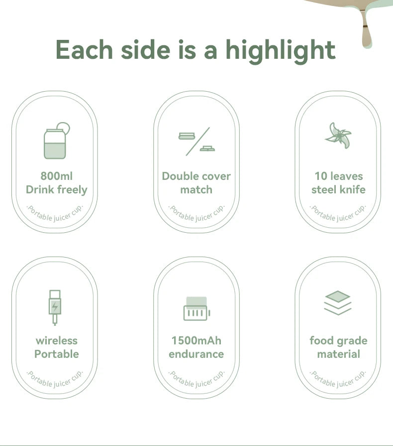 Portable Fruit Blender 800ml Multifunctional Electric Juicer Cup 10 Steel Blades Summer Milkshake Machine USB Rechargeable