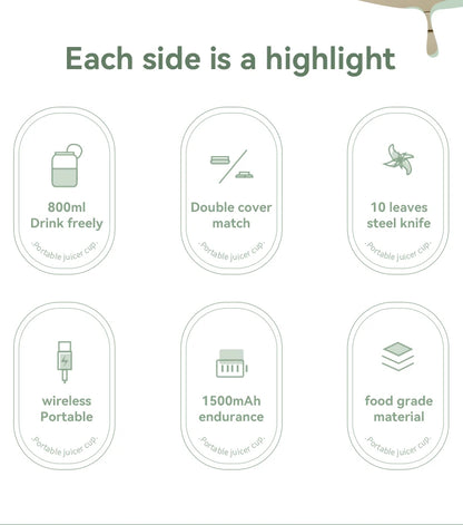 Portable Fruit Blender 800ml Multifunctional Electric Juicer Cup 10 Steel Blades Summer Milkshake Machine USB Rechargeable