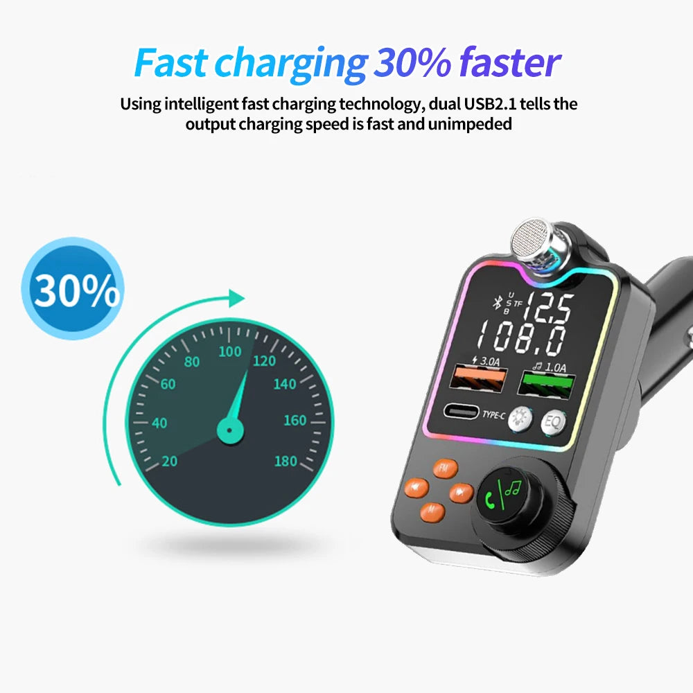 Bluetooth 5.0 Car FM Transmitter Dual USB Car Charger PD Type-C Fast Charging Wireless Handsfree Call Audio Receiver MP3 Player