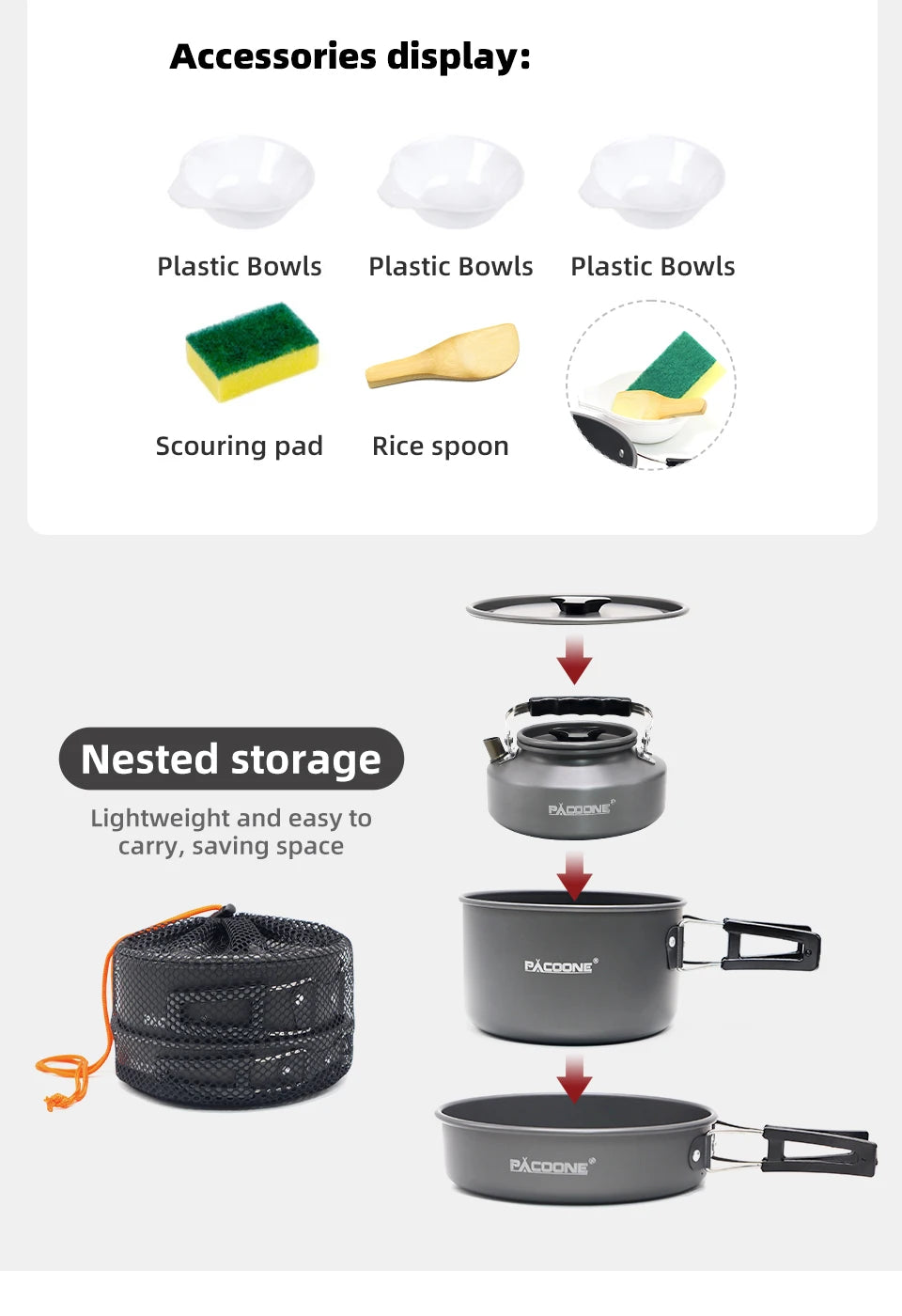 PACOONE Camping Cookware Set Portable Cookware Kit Outdoor Pot Cooking Water Kettle Pan Set Tableware Hiking Picnic Equipment