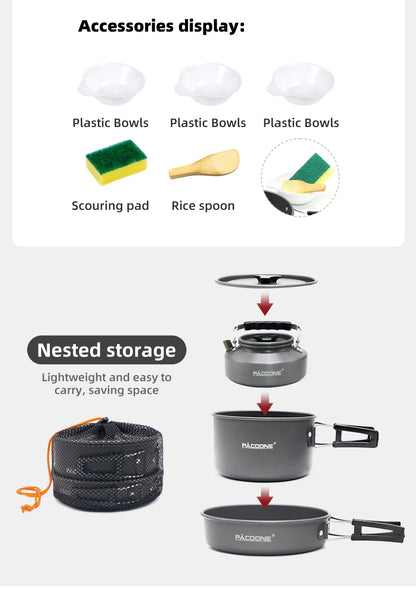 PACOONE Camping Cookware Set Portable Cookware Kit Outdoor Pot Cooking Water Kettle Pan Set Tableware Hiking Picnic Equipment