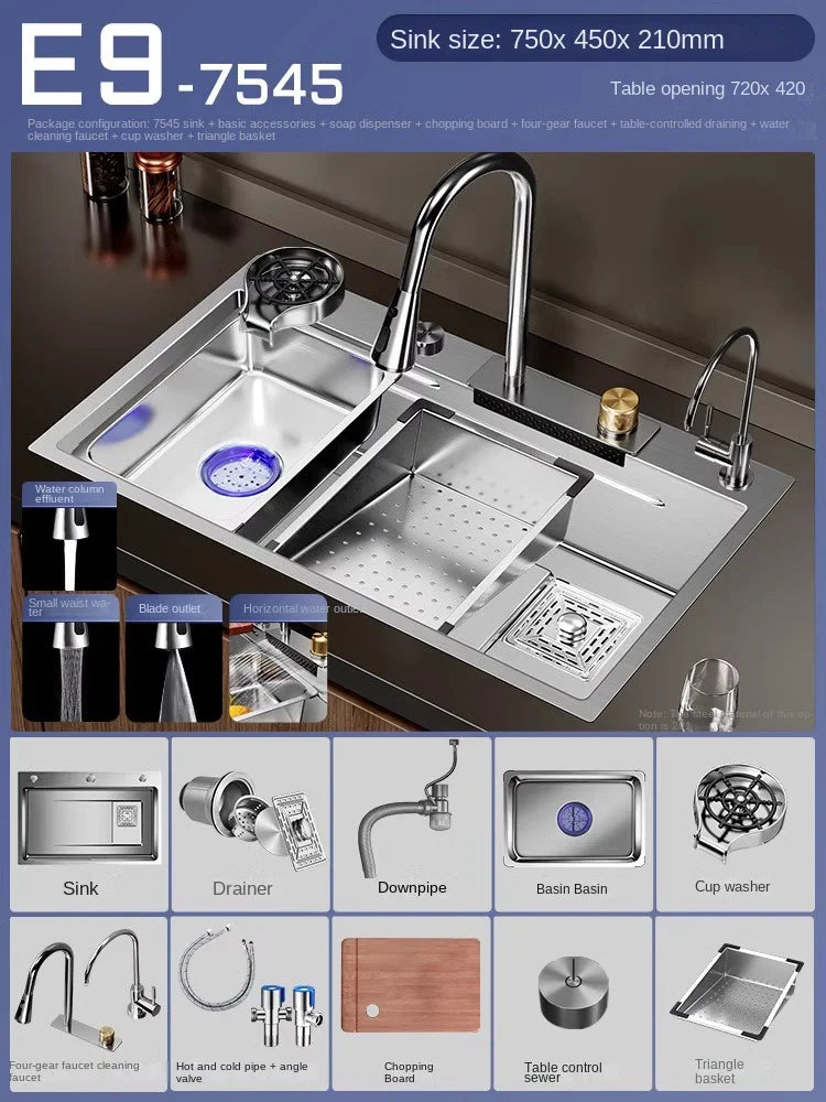 Nano 304 Stainless Steel Sink Waterfall Large Single Slot Kitchen Sink Vegetable Sink Stainless Steel Sink Household Sink